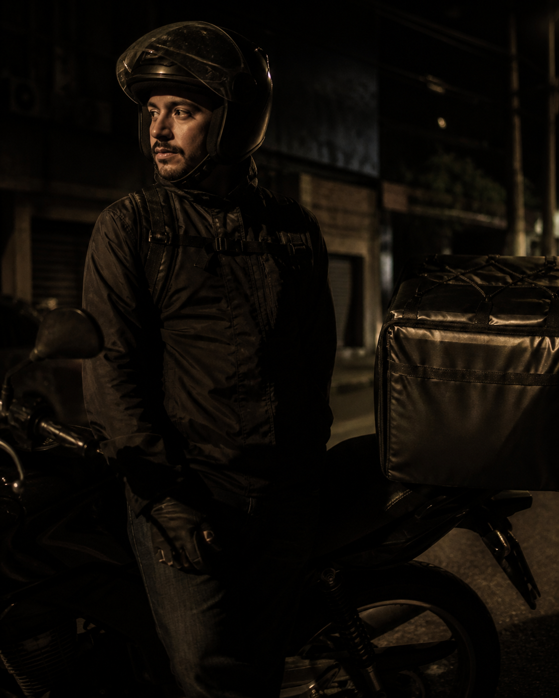 Motofretista da Jet Speed ao lado da moto, em rua da cidade à noite